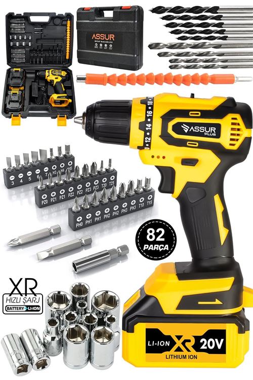 Assur Plus Assur Plus 82 parça Darbeli 10 Pilli Şarjlı Matkap Çelik Şanzıman Akülü Vidalama Bakır Sargı Extra Güç 58VF Sarı