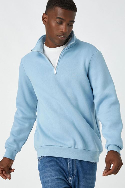 koton mavi Fermuarlı Sweatshirt Dik Yaka